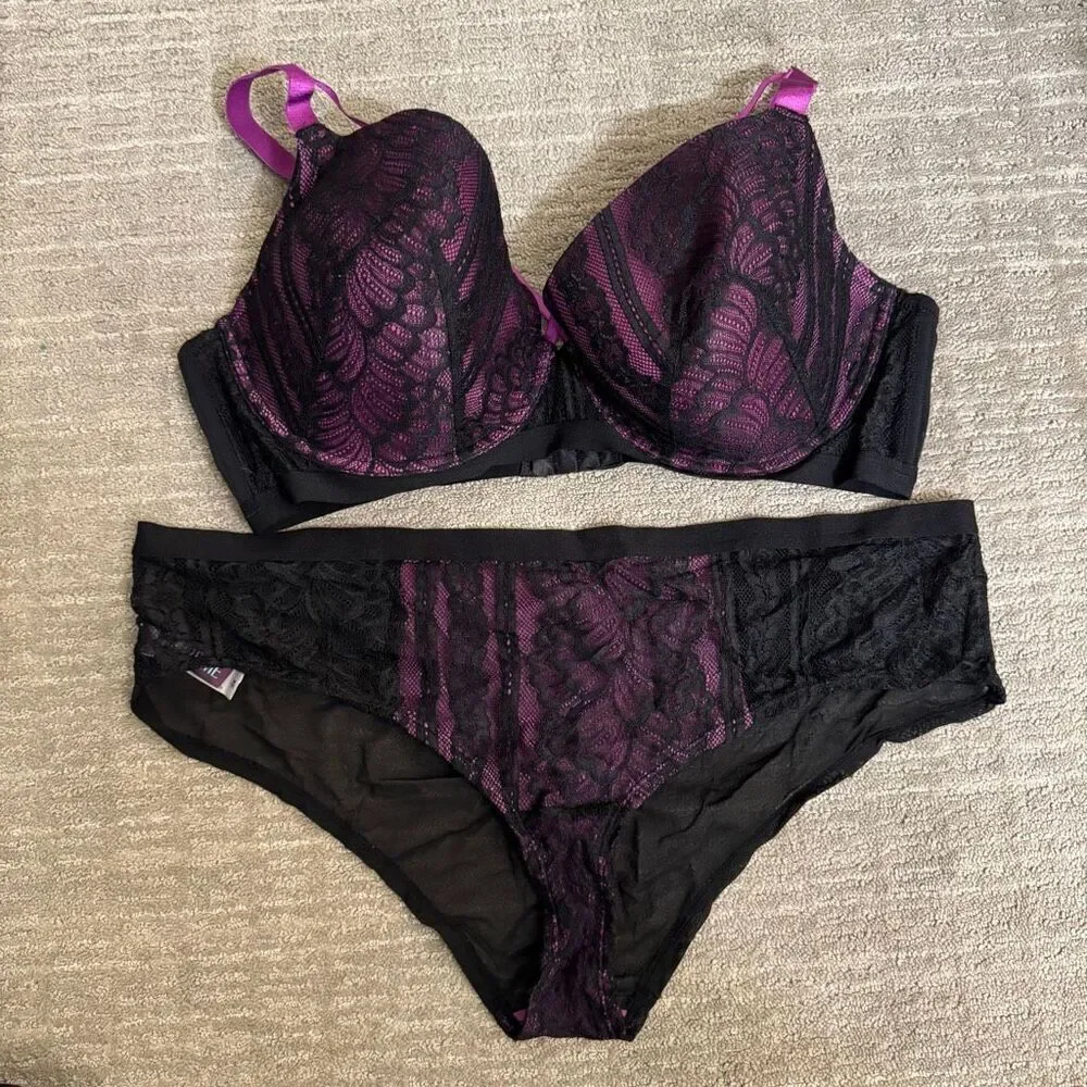 Adore Me Sexy Purple Black Lace‎ Lingerie Set 40G  2X